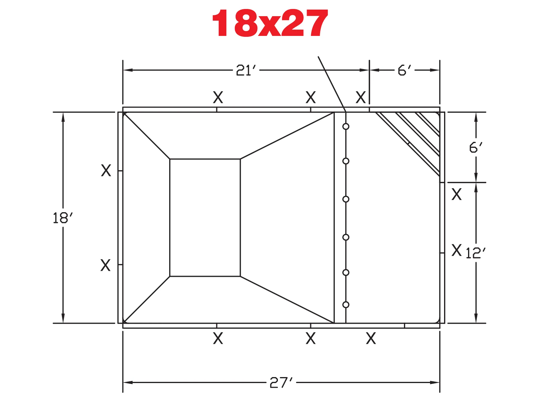 Detailed blueprint diagram of a 18x27 rectangular structure, featuring precise measurements and dimensions for construction, including labeled sections for clarity.