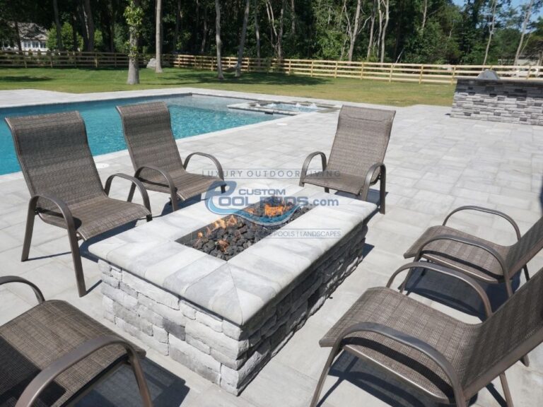 patio with firepit & pavers installation in Franklin Lakes, pool contractors NJ, pool installation nj
